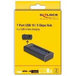 DELOCK 64326 Hub USB 3.2 Gen 2 con 7 Puertos (4x 10 Gbps, 4x Carga Rápida 5 Gbps), Interruptor e Iluminación