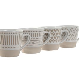DKD Home Decor Tazas de Café Boho de Gres Beige Blanco 180ml Set de 4, Apto Microondas y Lavavajillas
