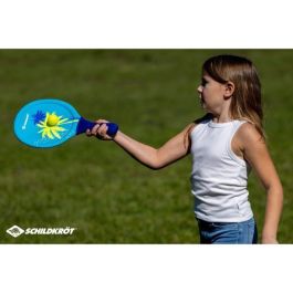 SCHILDKROT AUC1695914032952 Raquetas Beachball Neopreno Amarillo/Azul Estampado Verde con 2 Pelotas Ø40mm, Bolsa Malla Resellable