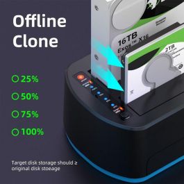 CoreParts Base Docking USB 3.0 Dual Bahía HDD/SSD SATA 2.5" 3.5" con Clonador Offline RGB Gaming 5Gbps - Expansión 36TB
