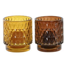 DKD Home Decor Vela Urban de Cera y Cristal, Pack de 2 Sets de 4 Velas Mostaza y Marrón, 7x8x7 cm, Duración 5h