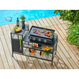 Brasero EXTERIOR COCINA Trolley Plancha Almacenamiento 3 Ganchos 2 Ruedas 128x60x89 cm