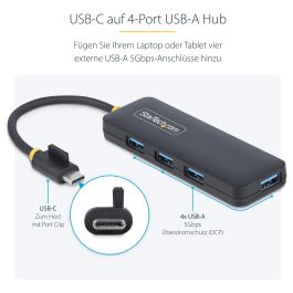 StarTech Hub USB-C de 4 Puertos 5Gbps Portátil USB 3.0 Tipo-A 4 Puertos Negro