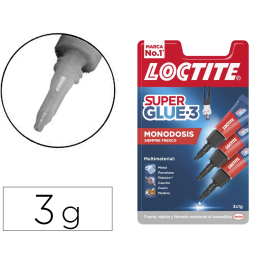 Loctite Super Glue 3, Pegamento Instantáneo Líquido de 1g, Blíster de 3 Unidades Mono dosis, Máxima Fuerza en Segundos, Pega Todo Tipo de Materiales