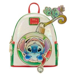 Loungefly Mochila Holiday Stitch Disney 26cm - Cuero Sintético Nacarado, Asas Ajustables, Detalles Bordados