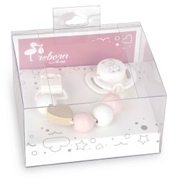 Muñecas Arias Set Chupete con Cadena para Muñecas, Piezas de Madera y Pinza Blanca, Edad Mínima 3 Años