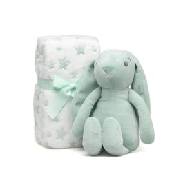 KioKids Conejo De Peluche Verde Con Mantita De Estrellas 25cm, Ideal Recien Nacido