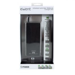 Ewent EW3966 Adaptador Cargador de Corriente Universal Automático para Notebooks 90W con 8 Puntas 110-240V Negro