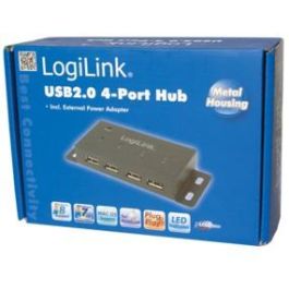 LogiLink UA0141A USB 2.0 HUB de 4 puertos, montable, 480 Mbit/s, carcasa de metal negra, con adaptador AC