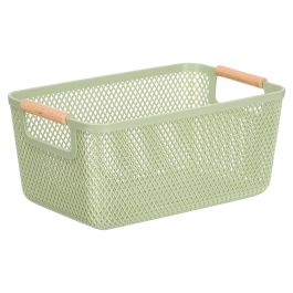 Kipit Cesta de Plástico con Asa de Bambú Verde 36x22 cm para Almacenamiento, Material PP y Bambú (Set de 24)