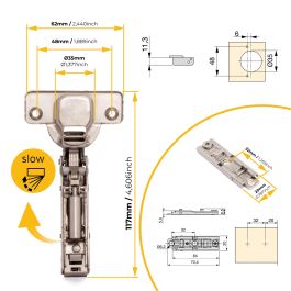 Emuca Lote de 20 bisagras codo X91 con cierre suave y suplemento recto para atornillar, Altura 1, Acero, Niquelado