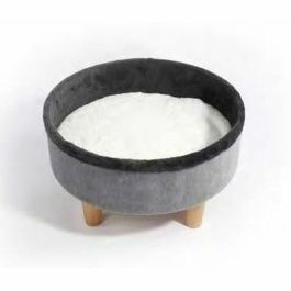 Cama redonda elevada - M PETS - ROUND - Gris - 47 x 47 x 26 cm - Pata de madera - Cojín mullido