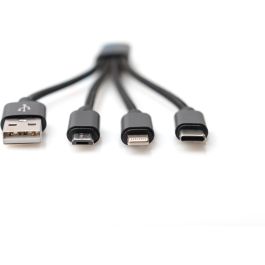 DIGITUS Cable de Carga 3 en 1 USB-A a Lightning, Micro USB y USB-C, Negro, 0.15m
