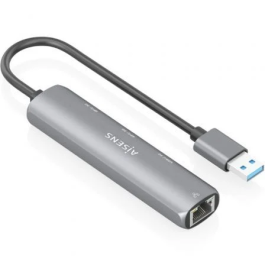 AISENS Dock USB-A a Ethernet Gigabit + Hub 1xUSB-C+2xUSB-A, Gris, 15cm, RTL8153B