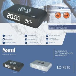 SAMI Despertador LED con Cargador Inalámbrico, Sensor, 5W, Color Plata