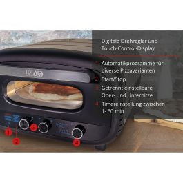 UNOLD 68805 Don Alfredo - Horno de Pizza Eléctrico Digital, 1 Pizza (30 cm, Hasta 450 °C), Piedra de Cocina, Negro y Acero Inoxidable, 1700 W