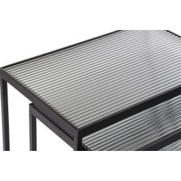 DKD Home Decor Mesita Auxiliar Loft Negra Metal Cristal 36.5 x 53.5 x 58 cm Set de 3