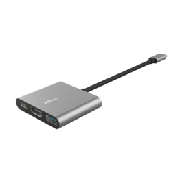 Trust 23772 Adaptador Multipuerto USB-C 3 en 1 con HDMI, USB-A y USB-C PD para Portátil y MacBook, Aluminio Negro