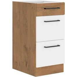 ROCK - Mueble bajo - Melamina roble Lancelot y blanco brillo - 40 cm - 3 cajones - Encimera no incluida