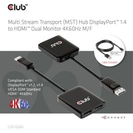 Club3D CSV-7200H Multi Streaming Transport Hub DisplayPort a 2x HDMI, Adaptador de Vídeo USB con suministro de corriente