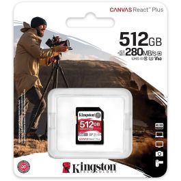 Kingston Canvas React Plus 512GB SDXC Clase 10 UHS-II U3 V60, 280MB/s Lectura, 150MB/s Escritura