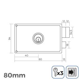 Cerradura derecha 80mm 3 llaves incluidas