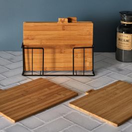 Cook Concept Juego de 4 Tablas de Cortar de Bambú con Pictogramas de Carne, Pescado, Ave y Verdura y Soporte Metálico