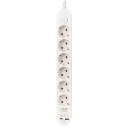Edm Prolongador Base Múltiple 6 Tomas Schuko con Interruptor, 2 USB A+C, Cable H05VV-F 1,5m, 16A 250V, Blanco