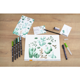 Tombow Set Watercoloring Greenery 9 Piezas con Rotuladores ABT-098, 228, 249, 312, N52 y Calibrado 01