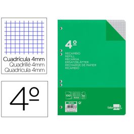 Recambio Liderpapel Cuarto 100 Hojas 60 gr-M2 Cuadro 4 mm Con Margen 6 Taladros