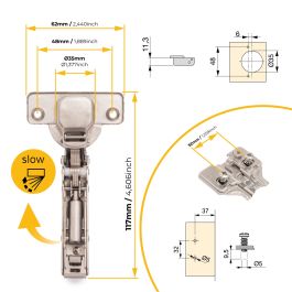 Emuca Lote de 20 bisagras rectas X91 con cierre suave y suplementos de montaje mixto, Diámetro 5x9.5mm, Altura 0, Acero, Niquelado