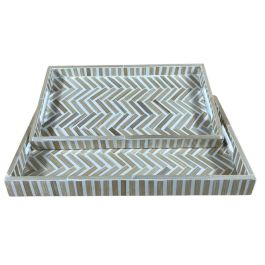 DKD Home Decor Bandeja Decoración Tropical de Bambú y Resina, Marrón y Blanco, 27x46x4.5 cm, Set de 2 piezas, Mosaico