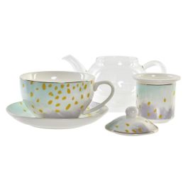 DKD Home Decor Tetera Glam de Cristal y Porcelana 250ml Rosa Verde Menta (2 Unidades Surtidas) Apta Microondas y Lavavajillas