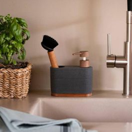 Andrea House Dispensador de jabón poliéster y acacia gris negro 16,5 x 8 x 22 cm