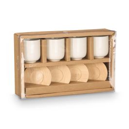Kinvara Set 4 Vasos Café Cerámica Blanca con Posavasos Bambú 95ml c/u - Apto Lavavajillas/Microondas 28.5x17.5x6.5 cm (12 Unidades)