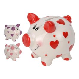Hucha cerdito con corazones en cerámica 9x7,5x8cm colores surtidos