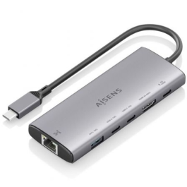 Aisens ASUC-6P030-GR Dock USB-C 6 en 1 con HDMI 4K, RJ45 Gigabit Ethernet, USB-A y USB-C 10Gbps, USB-C PD 100W, Gris