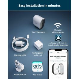 Arlo AAAOU33059 Pro 5 2K+ Cámara de Seguridad Conectada - 4 Cámaras - Visión Nocturna a Color - Wi-Fi Doble Banda