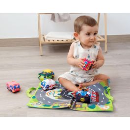 KioKids Circuito de Coches Manta de Actividades Textil con 6 Vehículos Blanditos Convertible en Bolsa Portátil Multicolor +12 meses