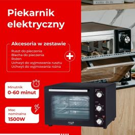 Adler ad 6026 Horno Eléctrico con Convección y Asador, 1800W, 48L, Acero Inoxidable, 90-230°C, Temporizador 60 min