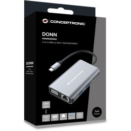 Conceptronic DONN21G Docking Station 7 en 1 USB-C a HDMI 4K, VGA, LAN GbE, USB 3.0 x3, PD 100W, Gris