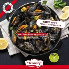 Menastyl 3645563 Olla para mejillones de Acero esmaltado Negra 18 cm con inscripción, apta para todo tipo de fuegos incluida inducción