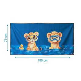 Kiokids Toalla de Playa y Piscina para Bebé Microfibra Azul con Animales. Secado Rápido, Súper Absorbente, 75x150 cm, con Bolsa de Transporte.