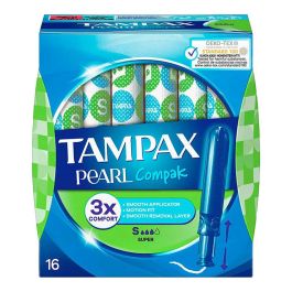 Tampax Tampón Pearl Compak Súper para flujo moderado a abundante con aplicador suave y tacto perla - 16 unidades