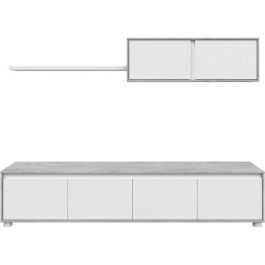 Conjunto mueble TV ALIDA - Mueble bajo 4 puertas + mueble alto 2 puertas + balda suspendida - Blanco y cemento Conjunto mueble TV ALIDA - Mueble bajo 4 puertas + mueble alto 2 puertas + balda suspendida - Blanco y cemento