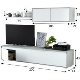 Conjunto mueble TV ALIDA - Mueble bajo 4 puertas + mueble alto 2 puertas + balda suspendida - Blanco y cemento Conjunto mueble TV ALIDA - Mueble bajo 4 puertas + mueble alto 2 puertas + balda suspendida - Blanco y cemento