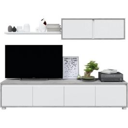 Conjunto mueble TV ALIDA - Mueble bajo 4 puertas + mueble alto 2 puertas + balda suspendida - Blanco y cemento Conjunto mueble TV ALIDA - Mueble bajo 4 puertas + mueble alto 2 puertas + balda suspendida - Blanco y cemento
