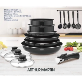 Arthur Martin Batería de Cocina Extraíble 15 Piezas de Aluminio con Antiadherente PFOA-Free, Apta para Inducción y Horno, Diámetros 16-20-22-24-26 CM