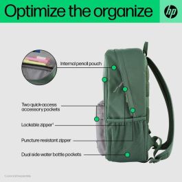HP Mochila Campus Verde, Segura y Organizadora, con Cremallera Bloqueable, Repelente al Agua y Bolsillo Acolchado para Portátil