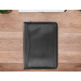 Q-connect Carpeta Portafolios con Cremallera, Calculadora y Bolsa para Móvil, Plástico tacto Piel, 260x355 mm, Negro